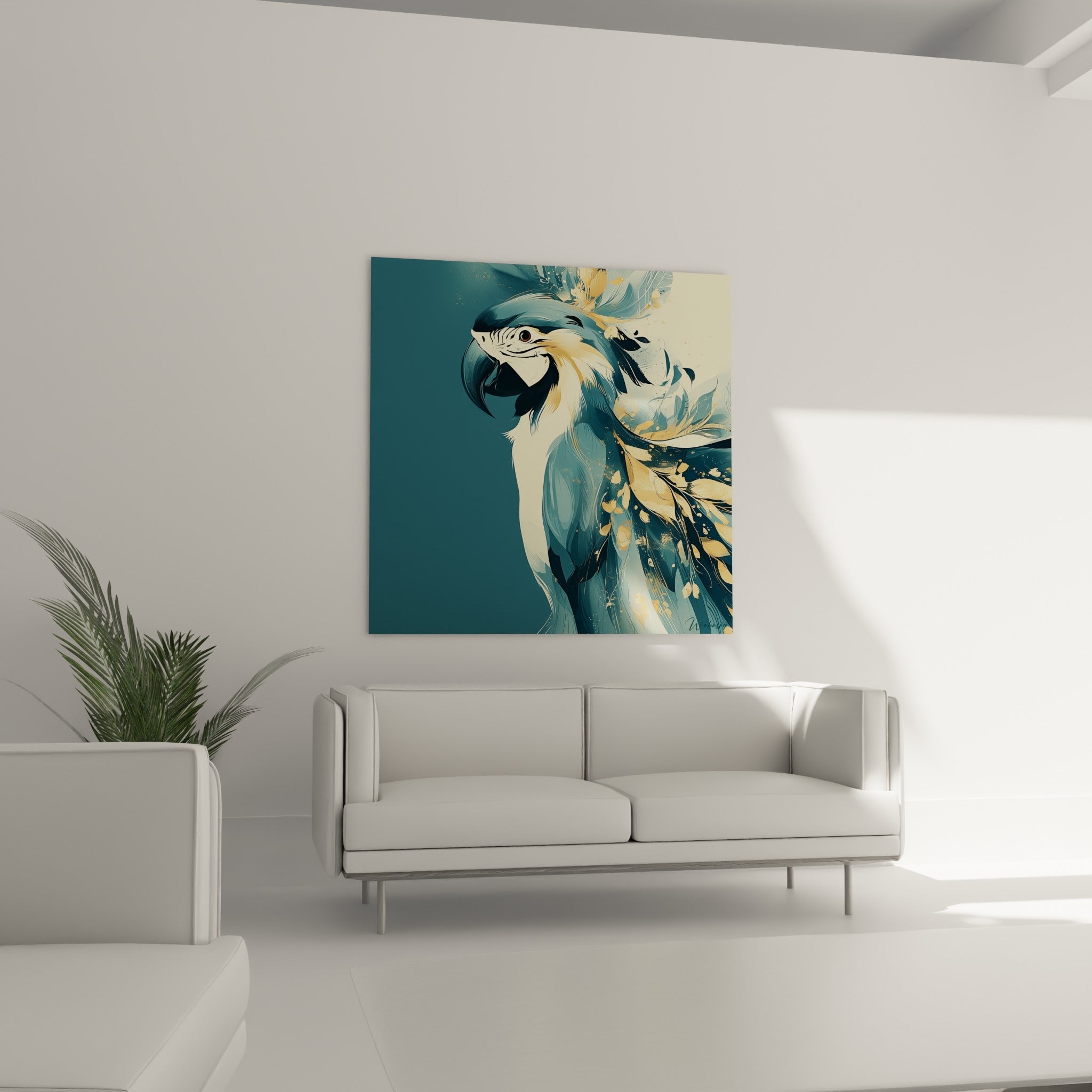 Perroquet aux teintes anthracite et dorées au-dessus d'un canapé dans un salon lumineux
