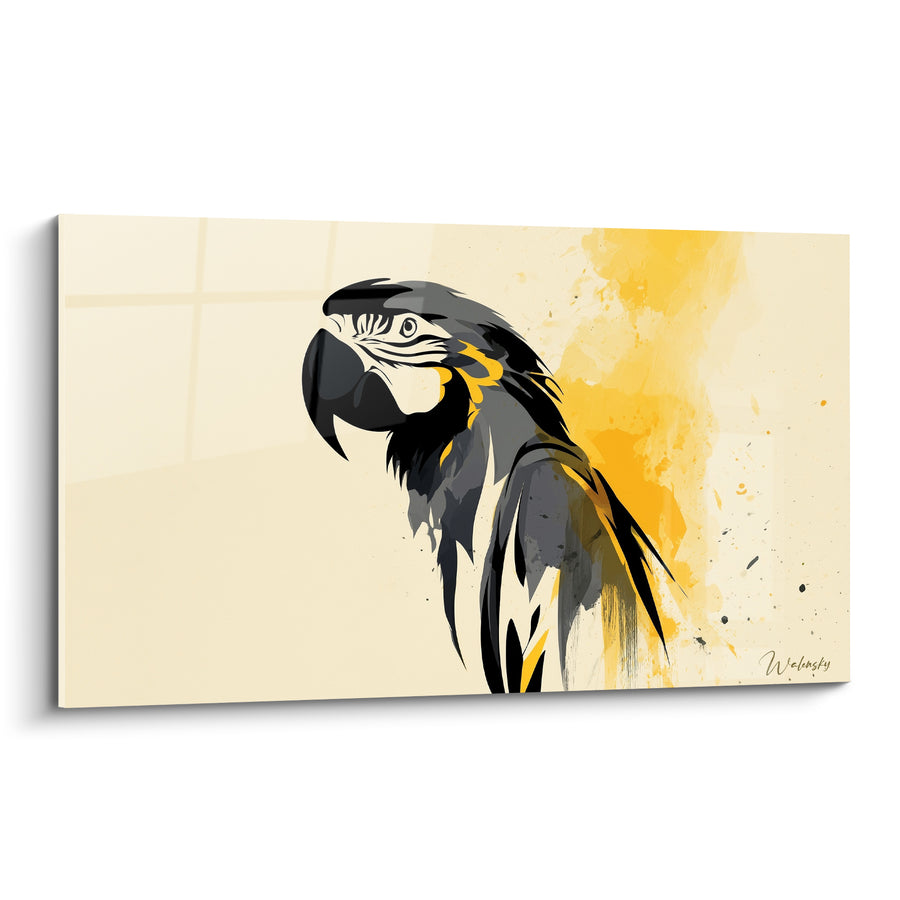 Tableau Ara noir et jaune sur fond éclaboussé - Profil en aquarelle - Edition Perroquet