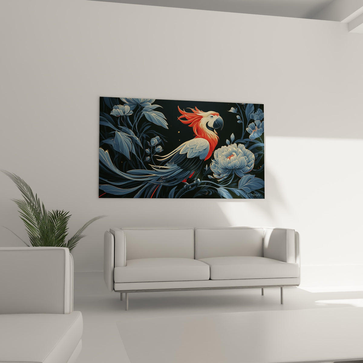 Volatile flamboyant aux teintes écarlate et anthracite parmi des pivoines bleutées, au-dessus d'un canapé dans un salon lumineux
