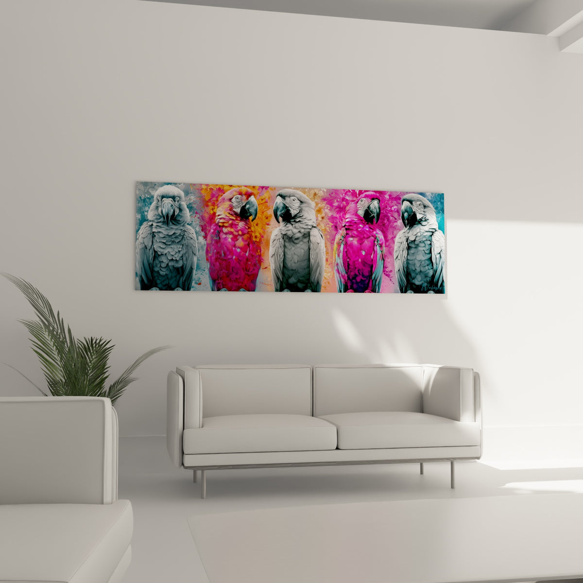 Aras aux teintes fuchsia et anthracite, becs sombres marqués, au-dessus d'un canapé dans un salon lumineux