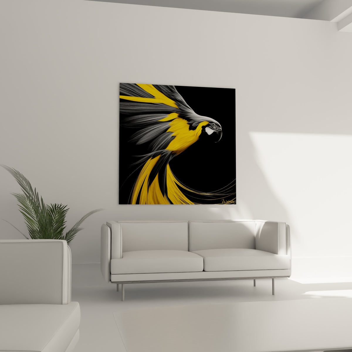 Perroquet noir et jaune vif en pleine envolée graphique au-dessus d'un canapé dans un salon lumineux