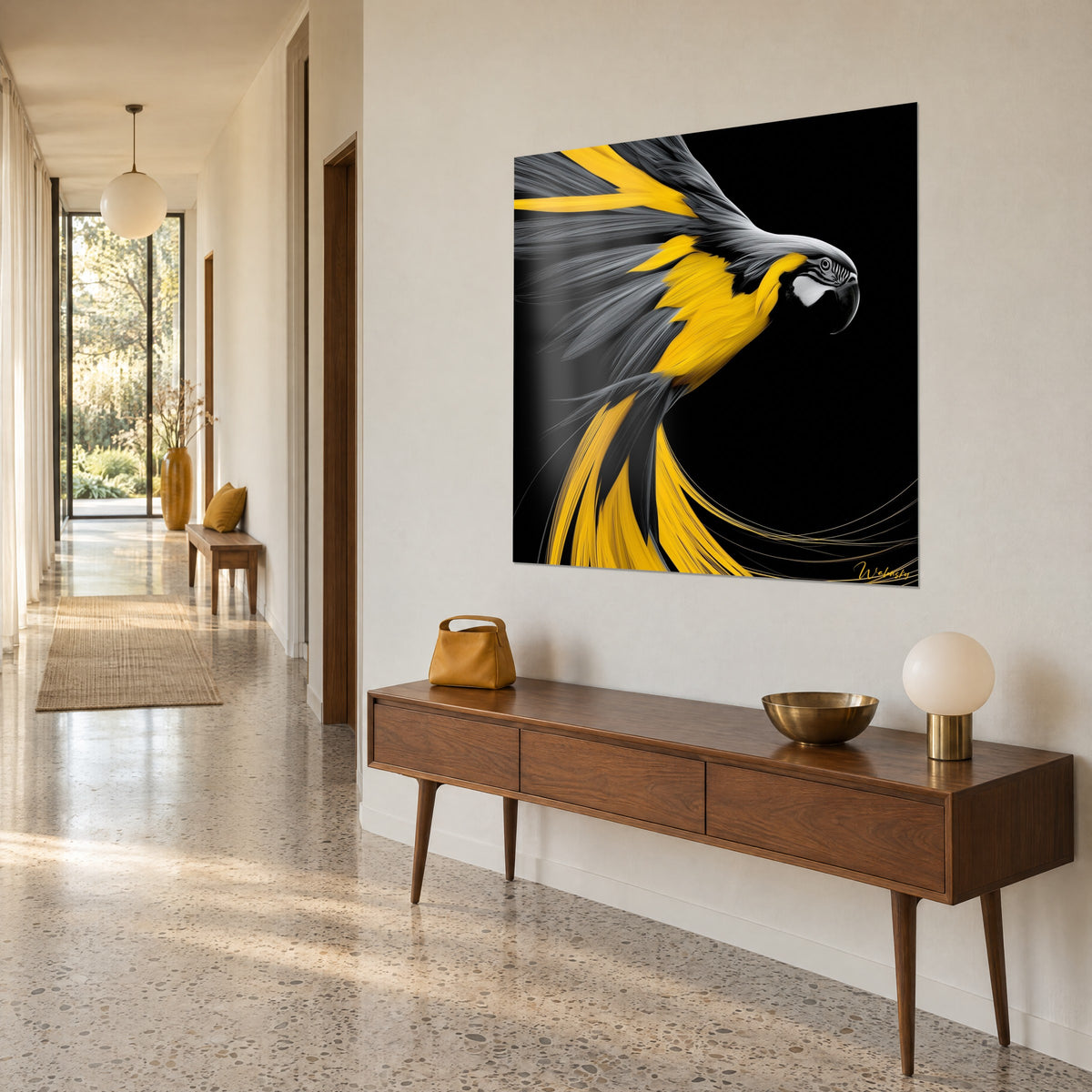 Wall art of an exotic bird with lemon-yellow and silver-grey plumage, curved black beak, hung at three-quarter view in a hallway