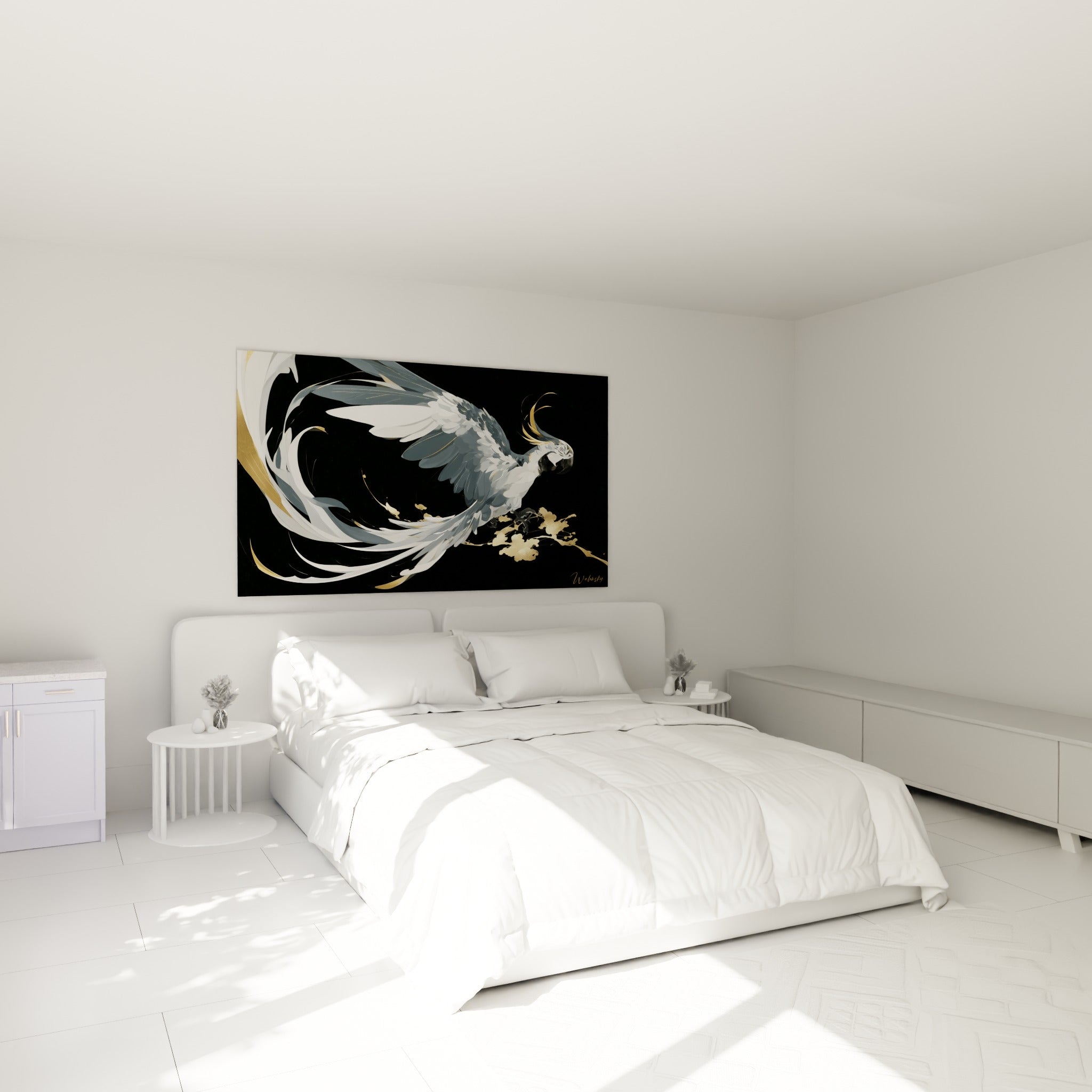 Perroquet anthracite et doré en plein vol, accroché au-dessus d'un lit dans une chambre claire