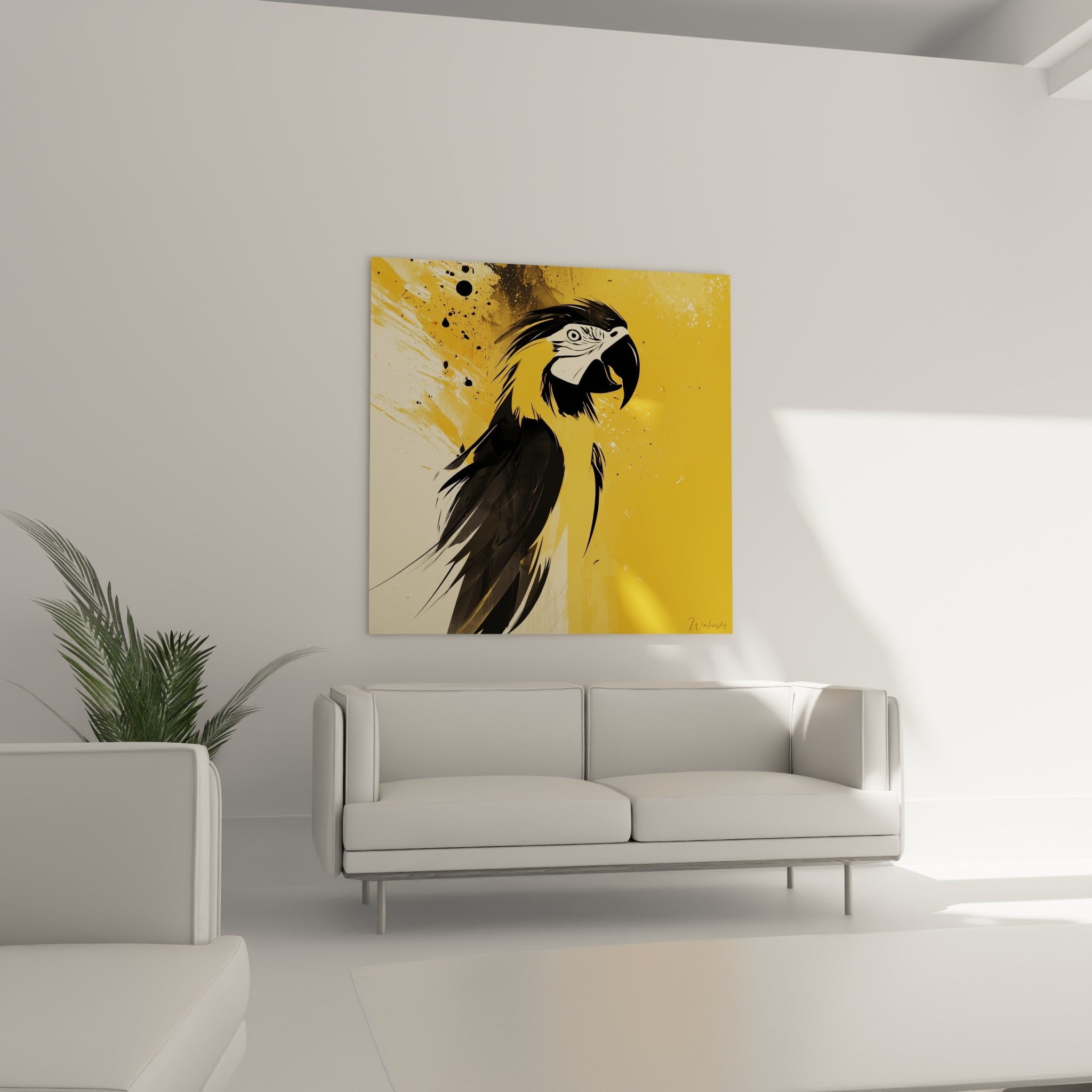 Silhouette de perroquet aux ailes anthracite, éclats jaune moutarde, au-dessus d'un canapé dans un salon lumineux