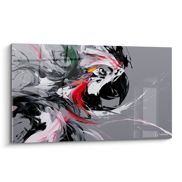 Tableau Ara noir et blanc au bec entrouvert - Fond gris uni - Edition Perroquet