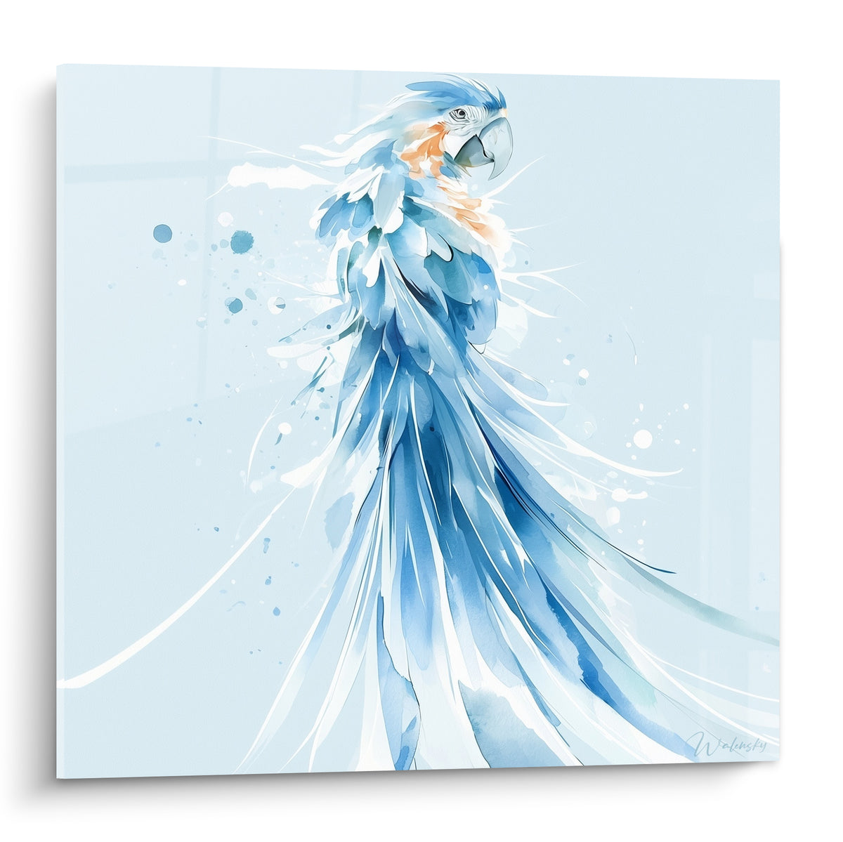 Perroquet en aquarelle bleu ciel et blanc, plumes vaporeuses et touches orange corail