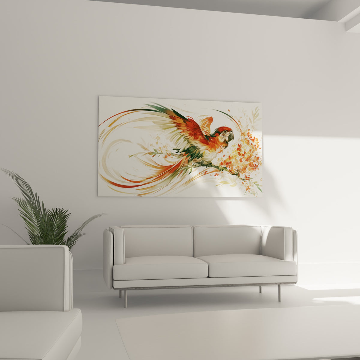 Oiseau tropical orangé et vert sauge en pleine envolée, au-dessus d'un canapé dans un salon lumineux