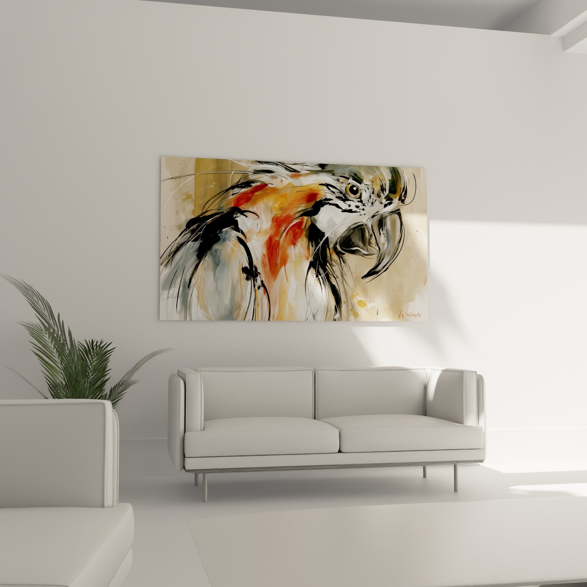 Perroquet au regard doré et plumes anthracite éclaboussées d'orangé, au-dessus d'un canapé dans un salon lumineux