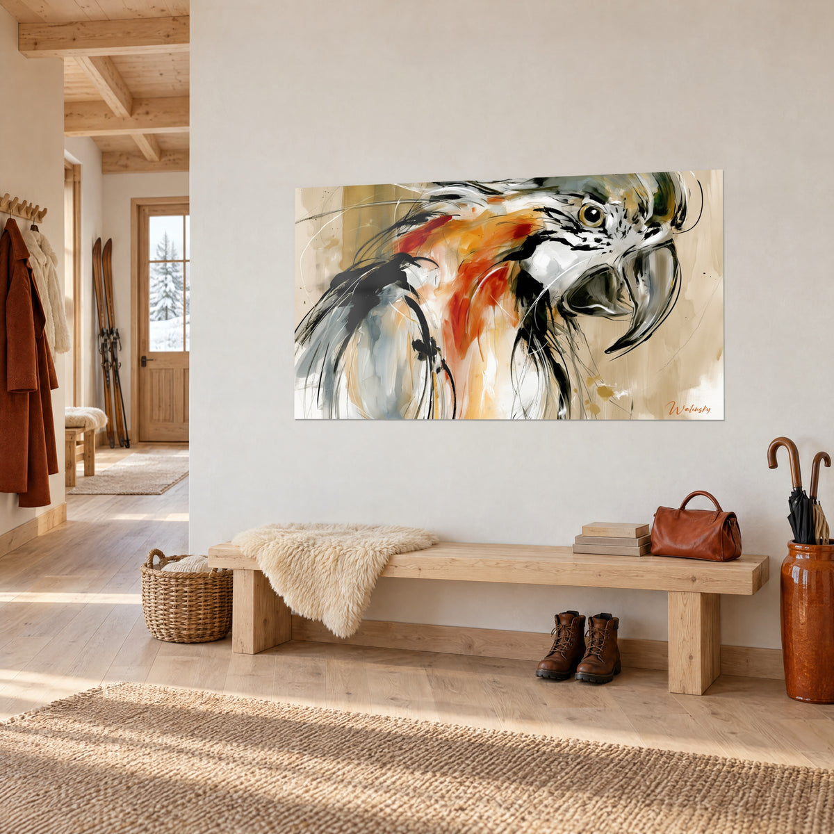 Tableau perroquet à l'œil doré cerné de blanc, coulures rouille et traits noirs sur beige, chalet en bois clair, banc