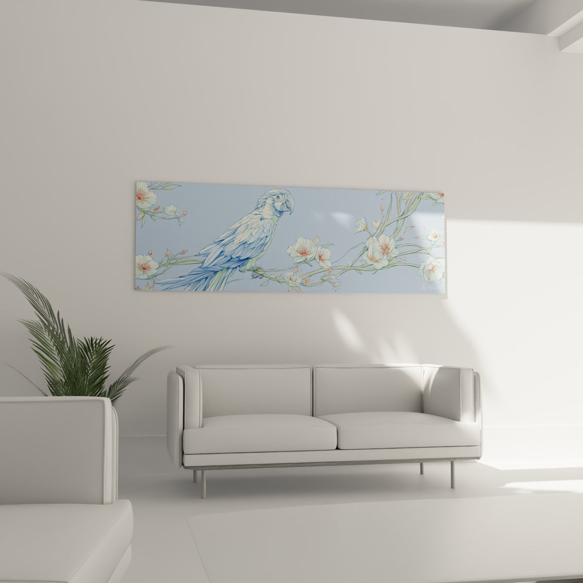 Perroquet bleu pastel sur branche fleurie corail, au-dessus d'un canapé dans un salon lumineux