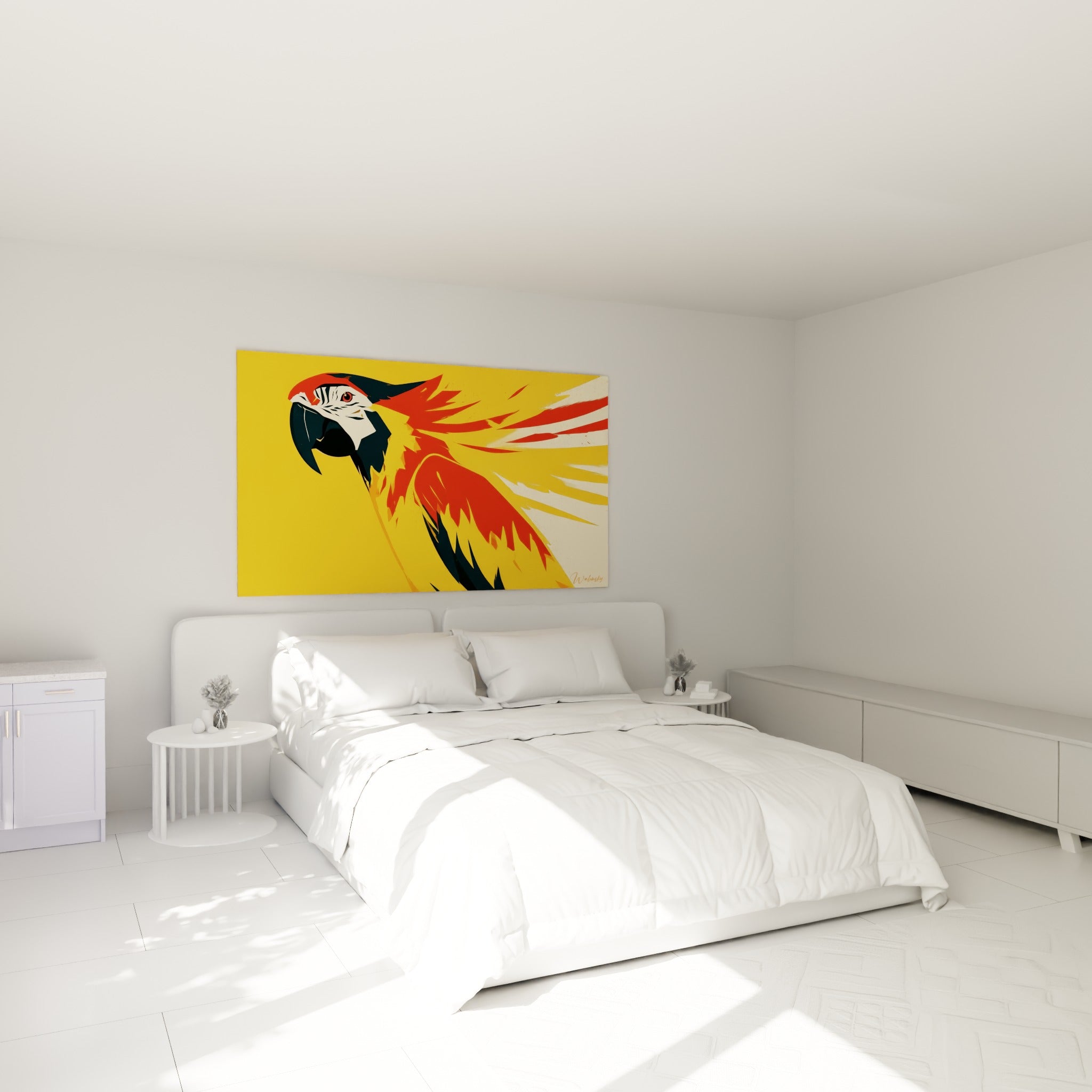 Perroquet ara aux ailes rouge flammé et jaune vif accroché au-dessus d'un lit dans une chambre claire