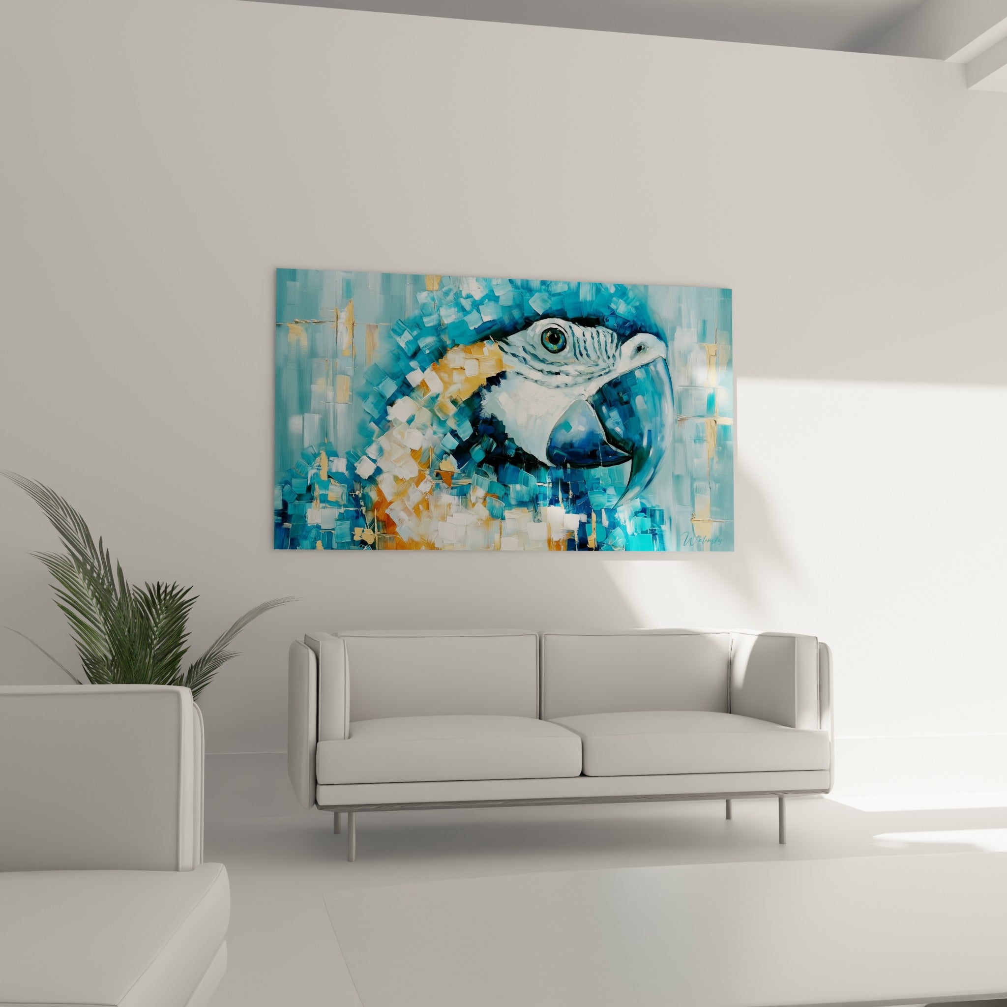 Tête de perroquet bleu turquoise et blanc au bec massif, suspendue au-dessus d'un canapé dans un salon lumineux