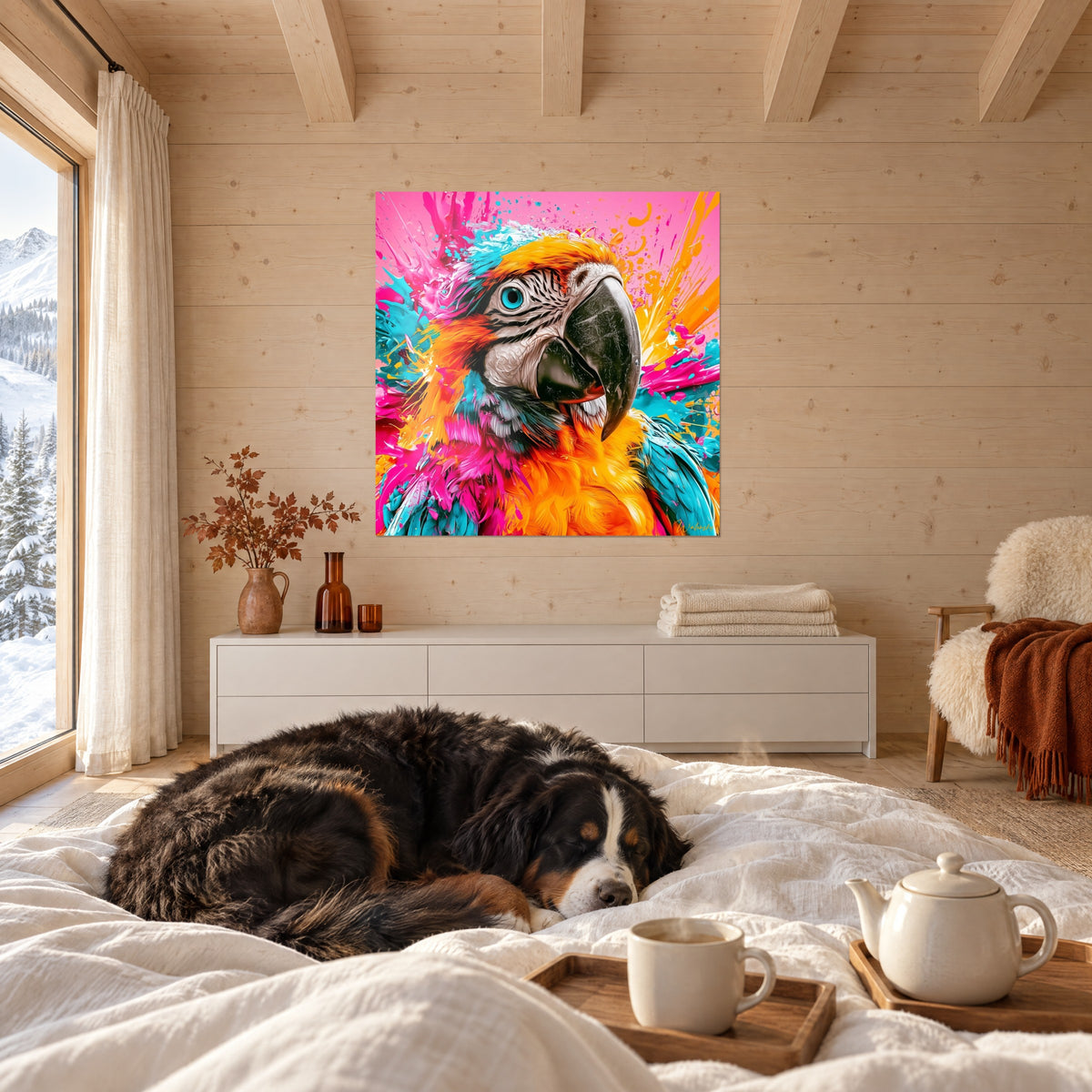 Tableau oiseau tropical au plumage orange et fuchsia éclaboussé de bleu, un chien couché sur le lit, au-dessus d'un lit dans une chambre claire