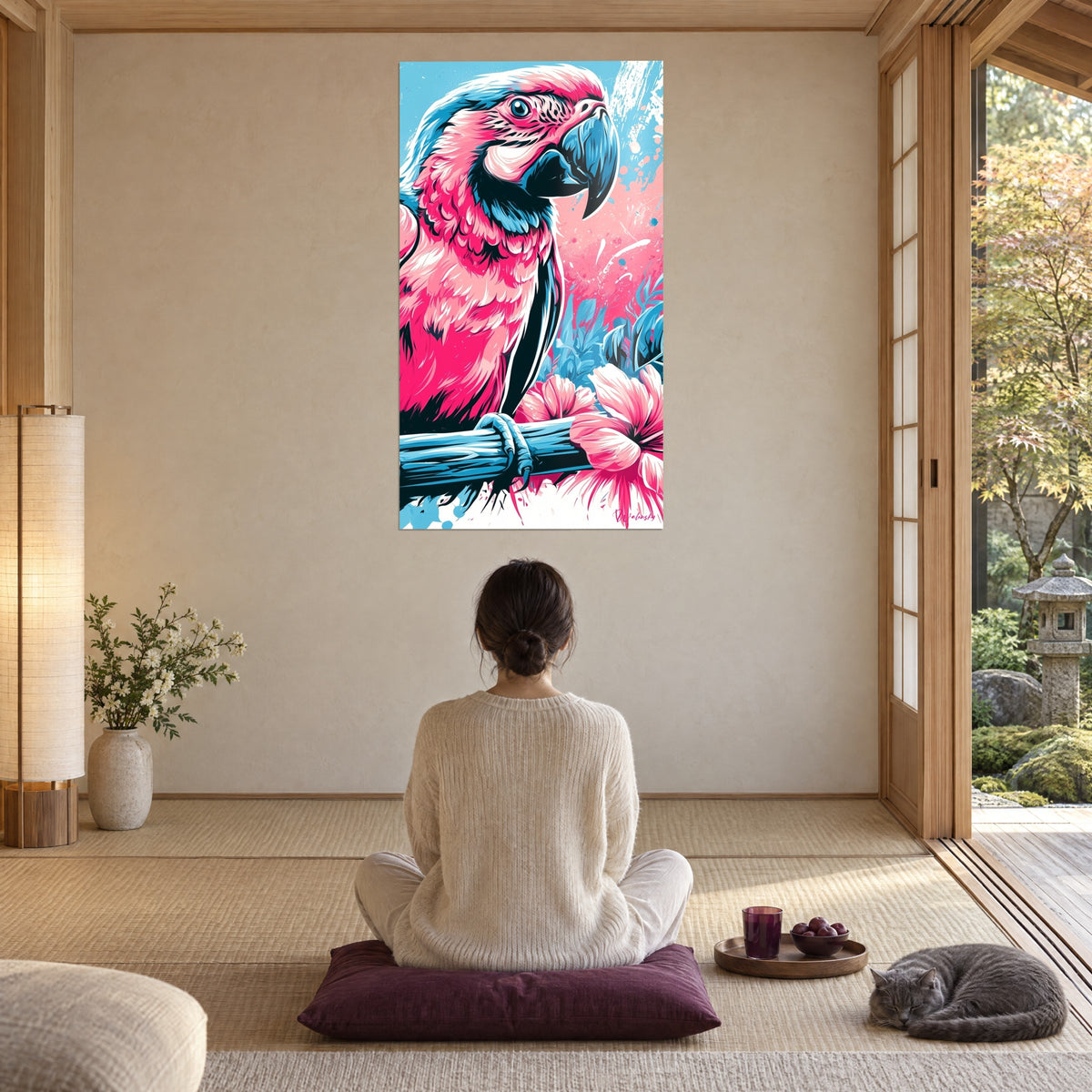 Tableau perroquet rose fluo aux ailes dessinées en traits noirs, ciel bleu pastel, face à une femme de dos assise et un chat gris au repos
