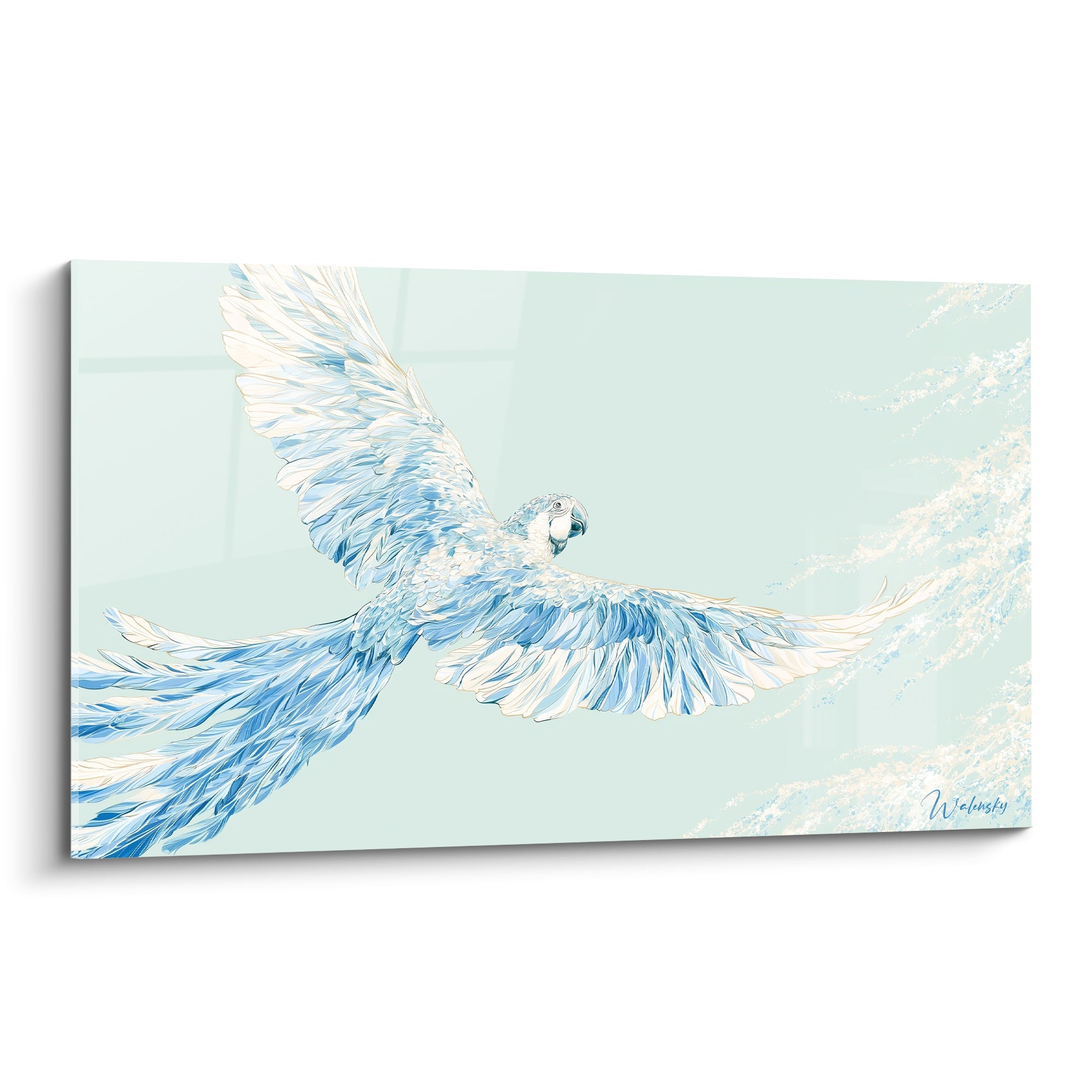 Perroquet ara aux plumes bleu ciel et ivoire, ailes déployées en plein vol, fond bleu pastel