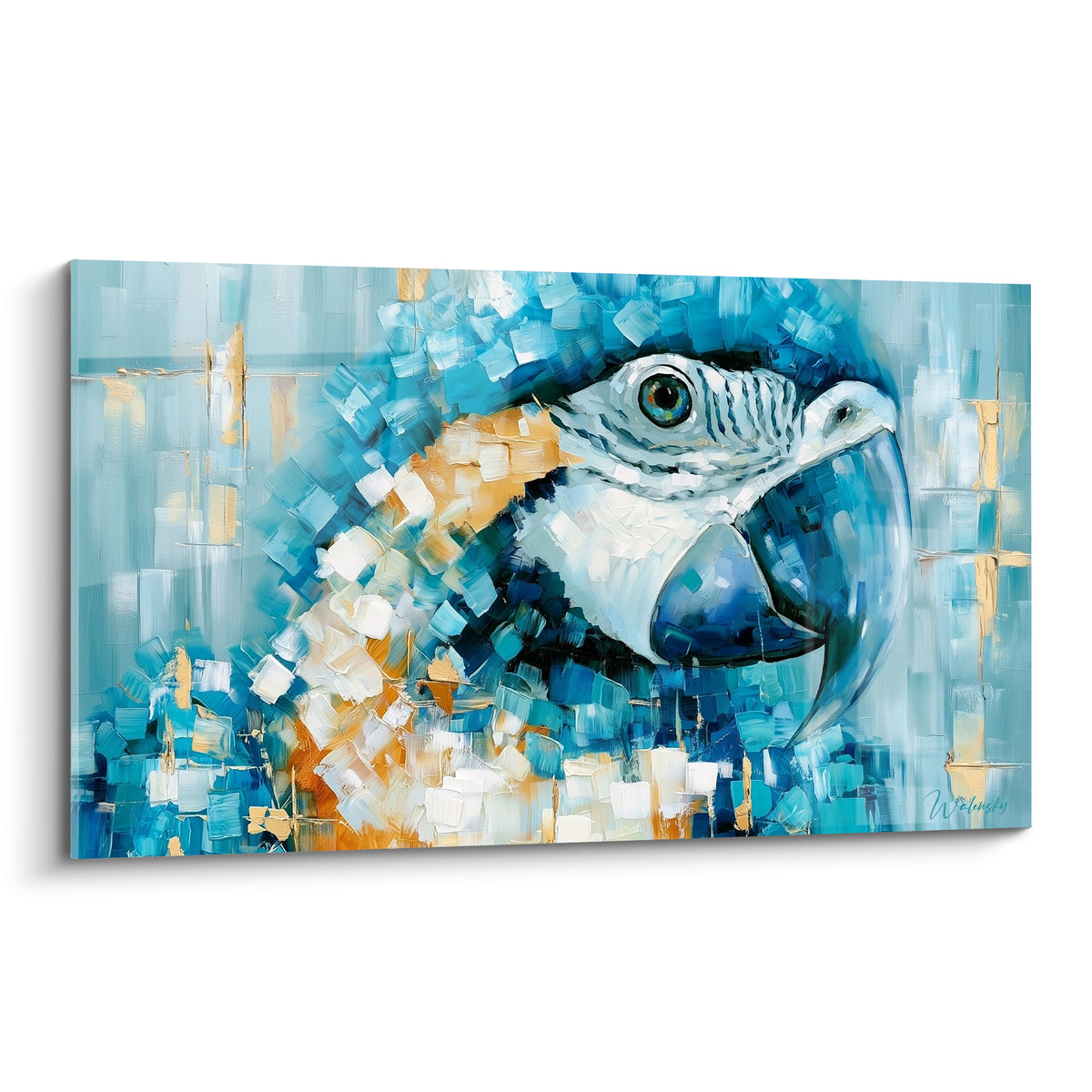 Perroquet ara au regard perçant, plumage bleu turquoise et éclats dorés en touches texturées