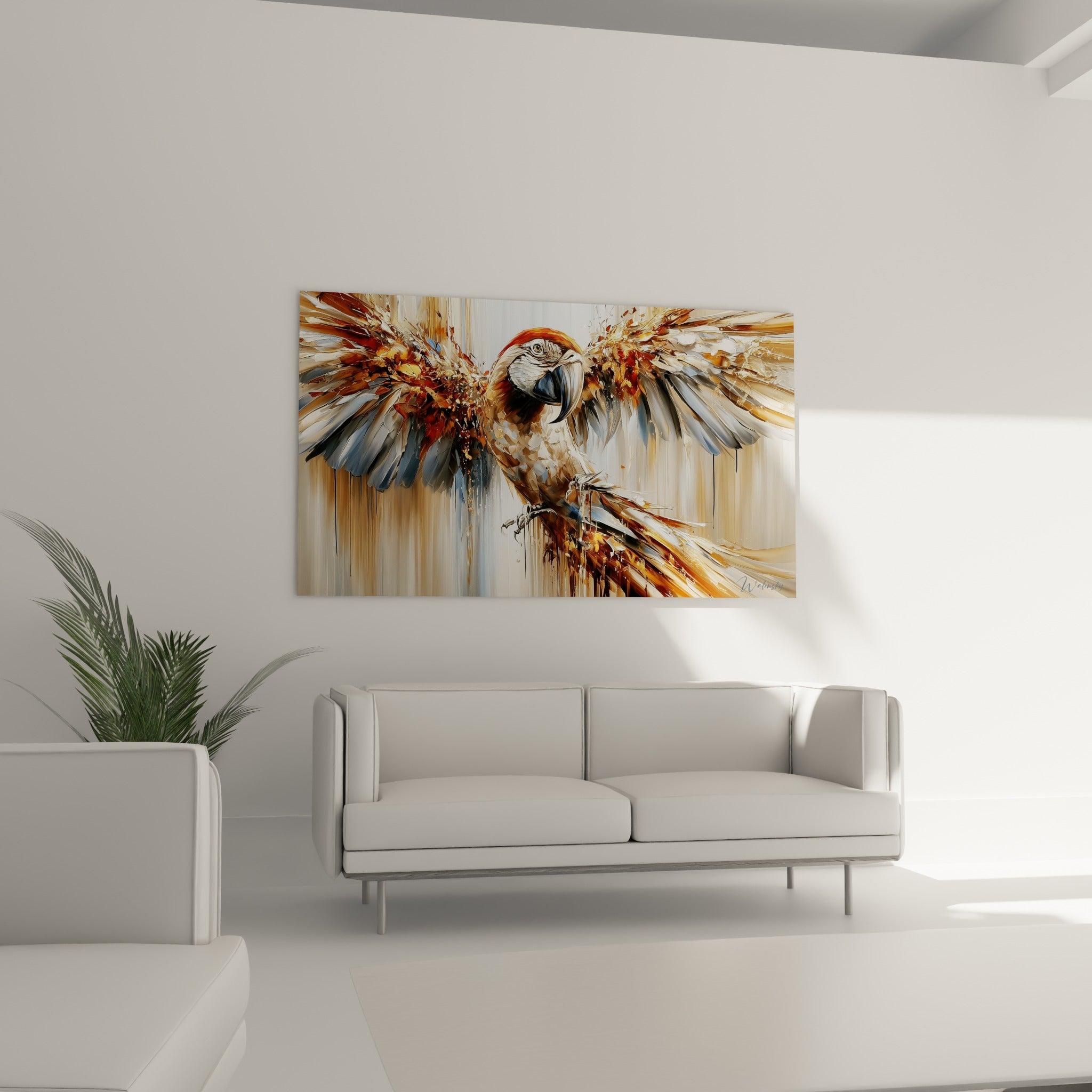 Oiseau exotique aux tons brun rouille et bleu grisé, accroché au-dessus d'un canapé dans un salon lumineux