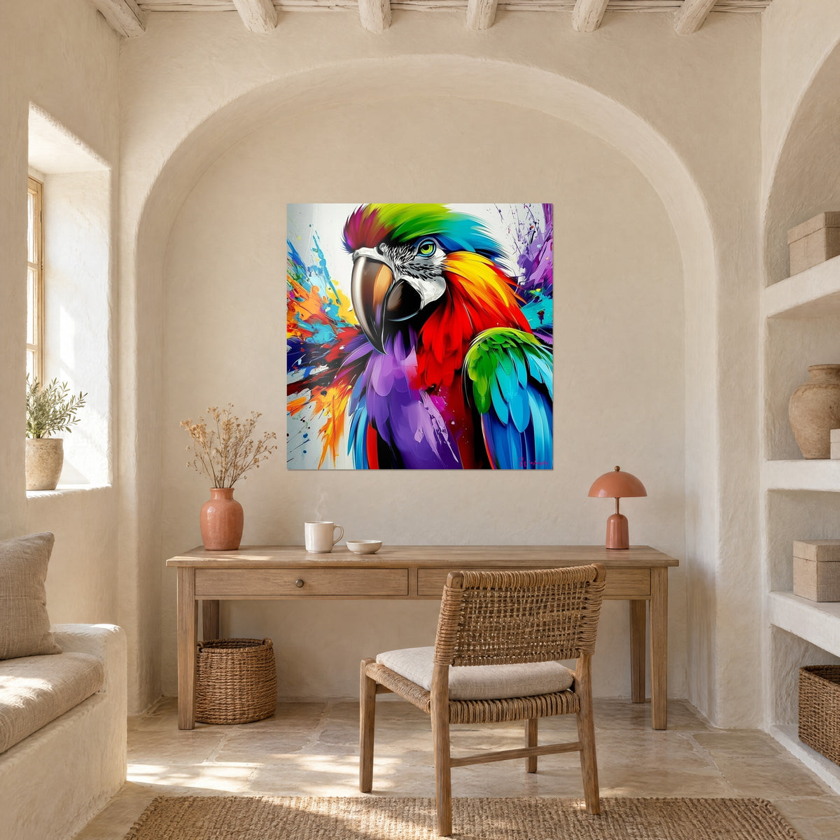 Tableau perroquet en portrait, bec noir et brun, plumage rouge flamboyant et bleu, sous une arche au-dessus d'un bureau en bois