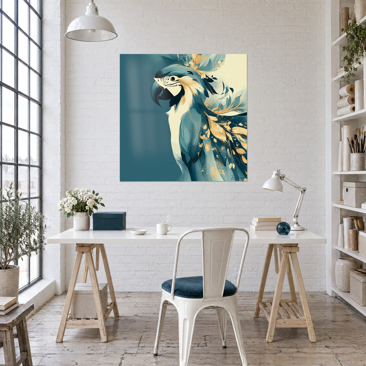 Tableau volatile tropical aux ailes bleu-gris et traînées d'or, mur blanc au-dessus d'un bureau en bois dans un loft
