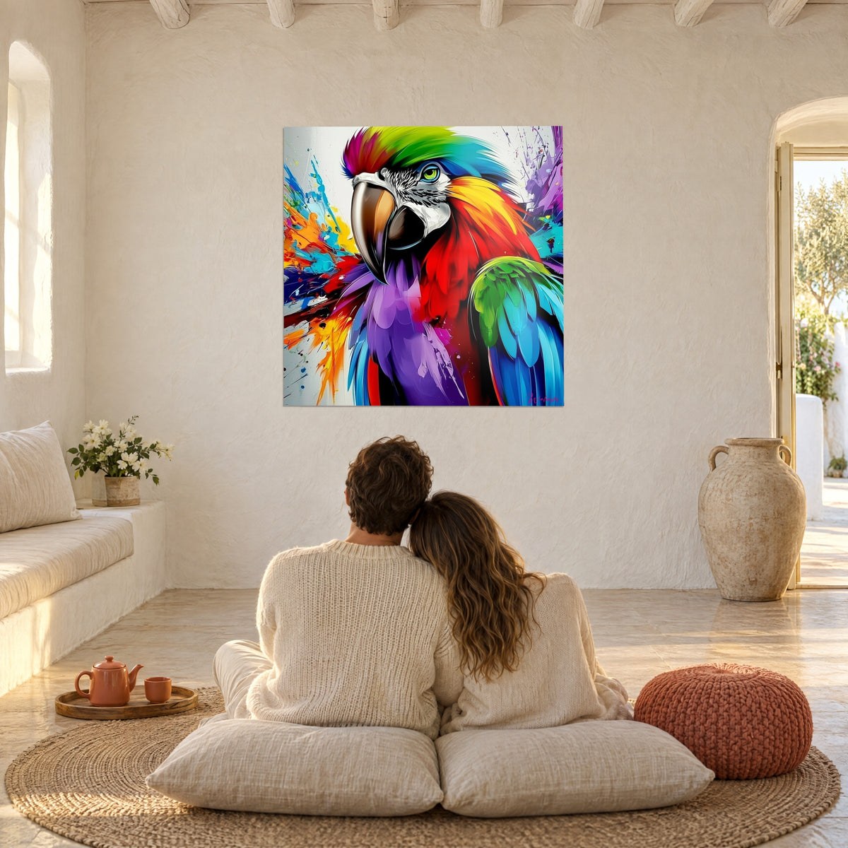 Tableau ara coloré, jaune soleil et violet profond, éclats de peinture, face à un couple assis sur des coussins au sol