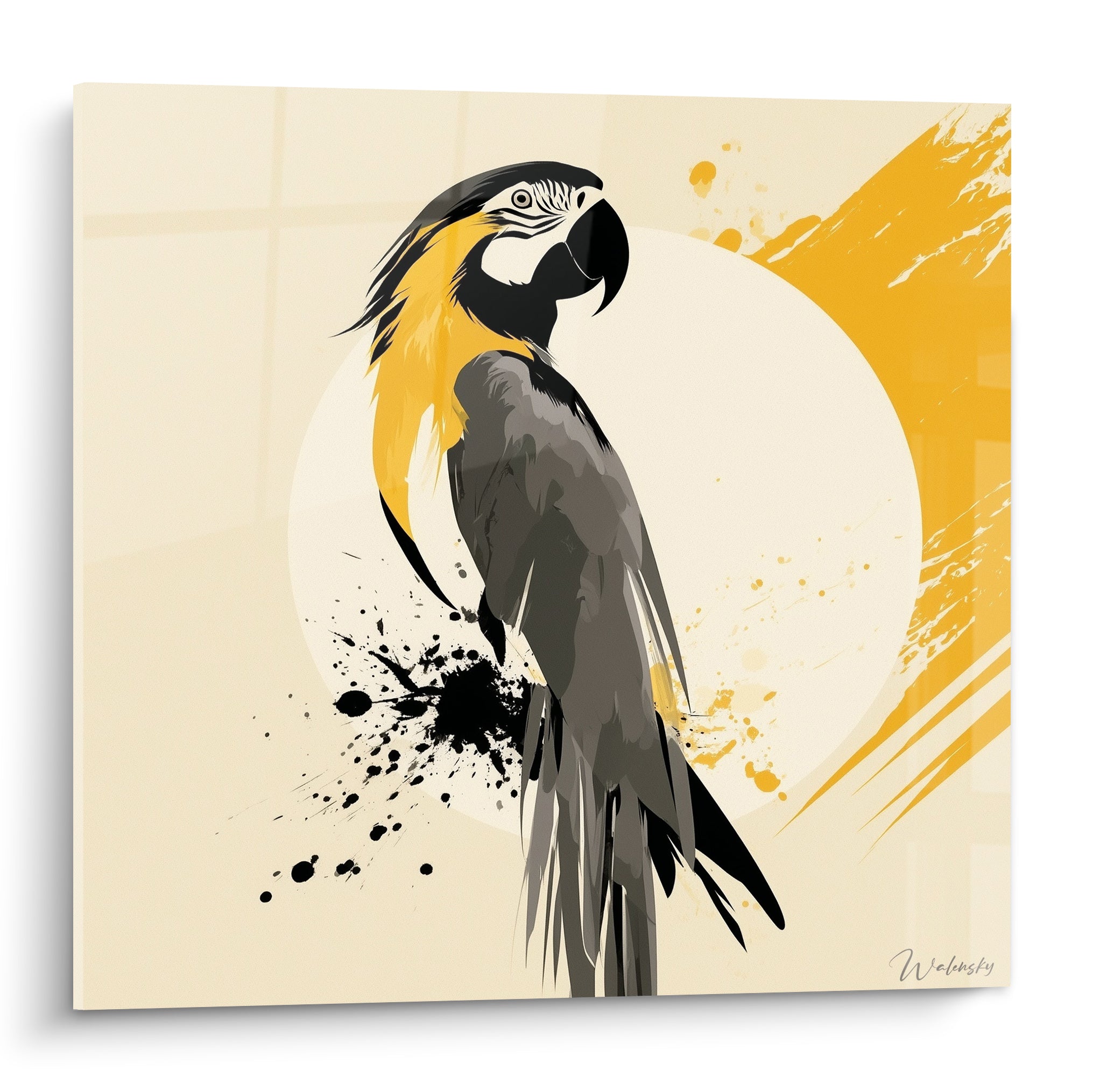 Perroquet ara de profil, plumage doré et corps anthracite, éclaboussures noires sur fond ivoire