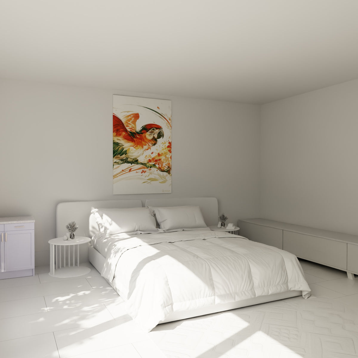 Perroquet ara rouge et doré perché sur une branche, au-dessus d'un lit dans une chambre claire