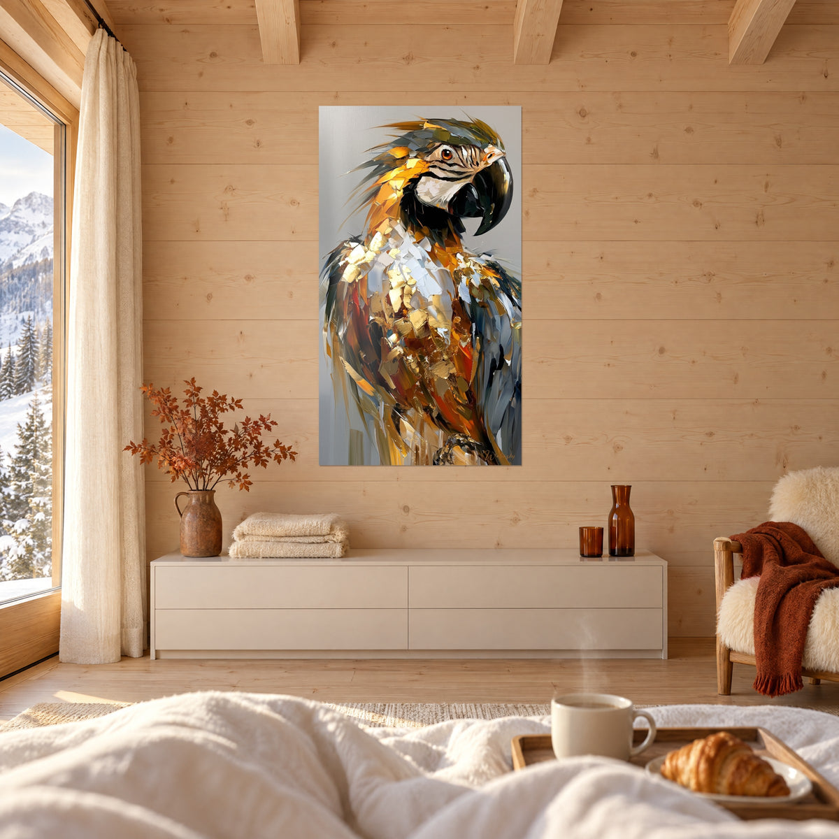 Tableau ara aux coups de couteau orange et argent, bec noir, couple de dos, au-dessus d'un lit dans une chambre claire