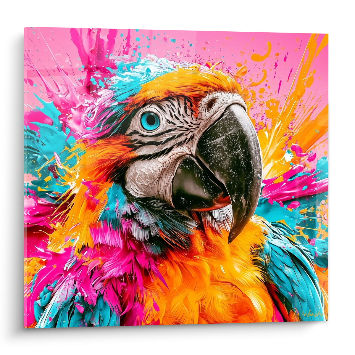 Ara au bec noir brillant, plumage orangé et turquoise éclaboussé de rose fuchsia vibrant