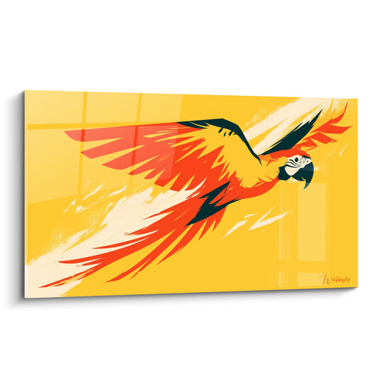 Ara en plein envol aux plumes jaune vif et orangé, bec anthracite, style vectoriel dynamique