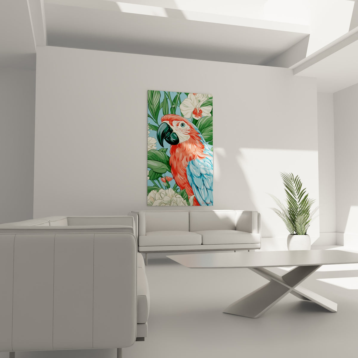 Perroquet coloré rouge écarlate et bleu poudré parmi fleurs blanc ivoire, au-dessus d'un canapé dans un salon lumineux