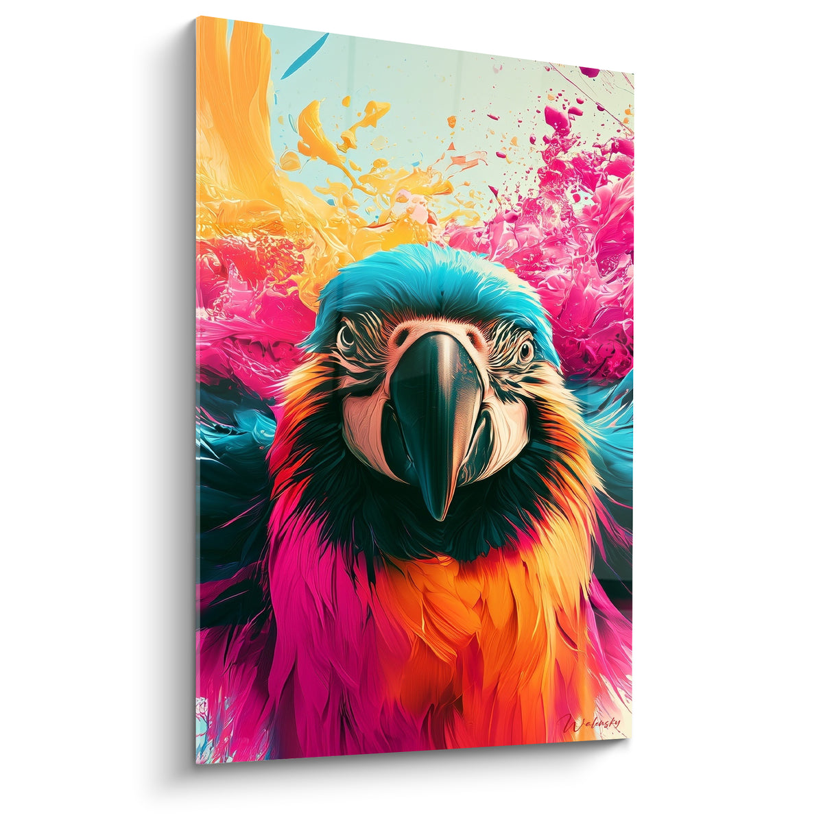 Ara aux plumes turquoise et fuchsia, regard perçant, éclaboussures de peinture orangée en fond