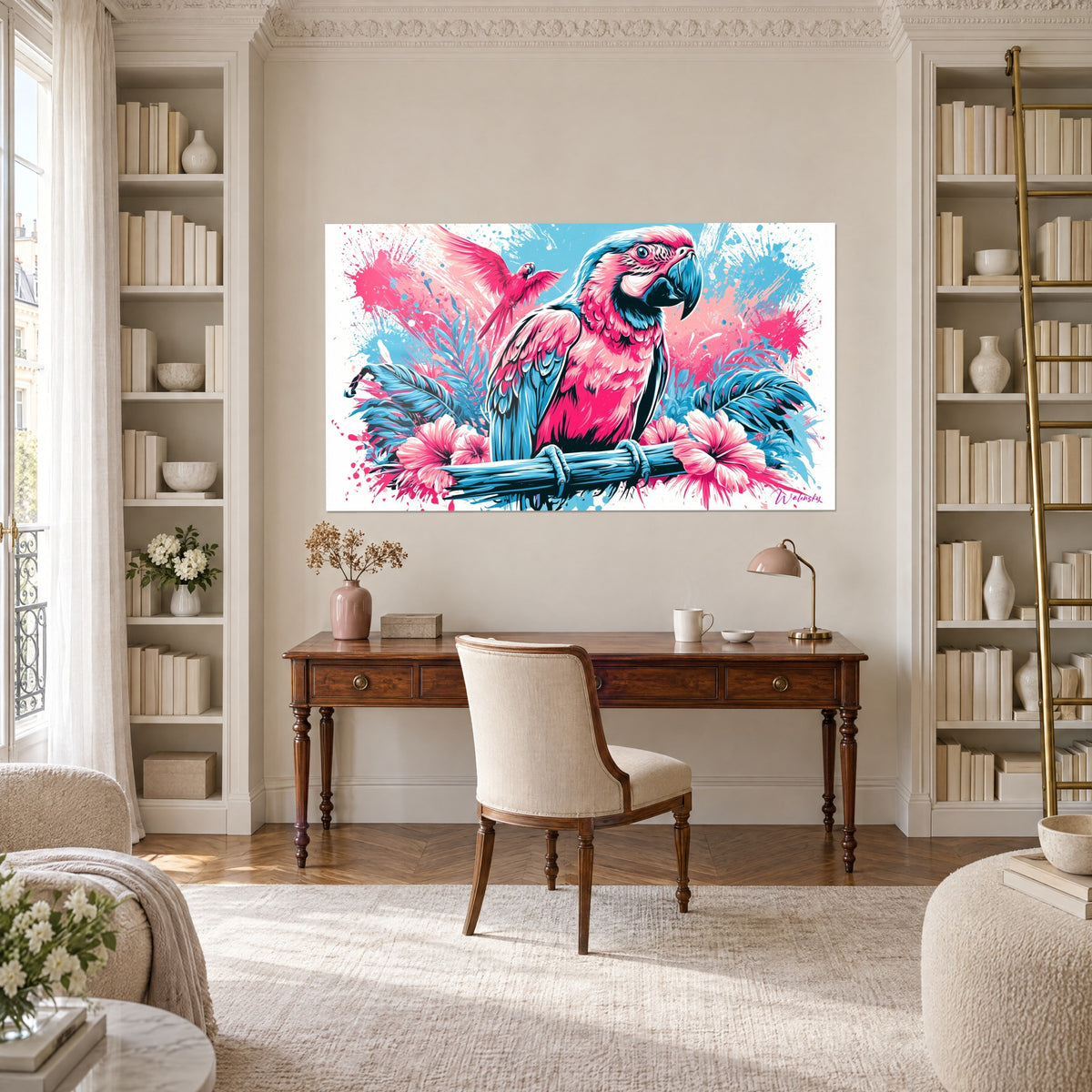 Tableau perruche rose posée sur une branche bleue, fleurs d'hibiscus pâles et taches roses, entre deux bibliothèques blanches d'un bureau