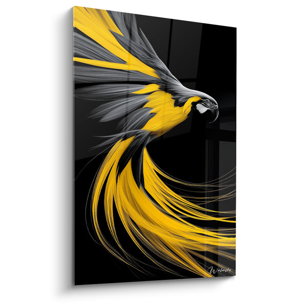Tableau Perroquet jaune et gris à longue traîne - Fond noir profond - Edition Perroquet