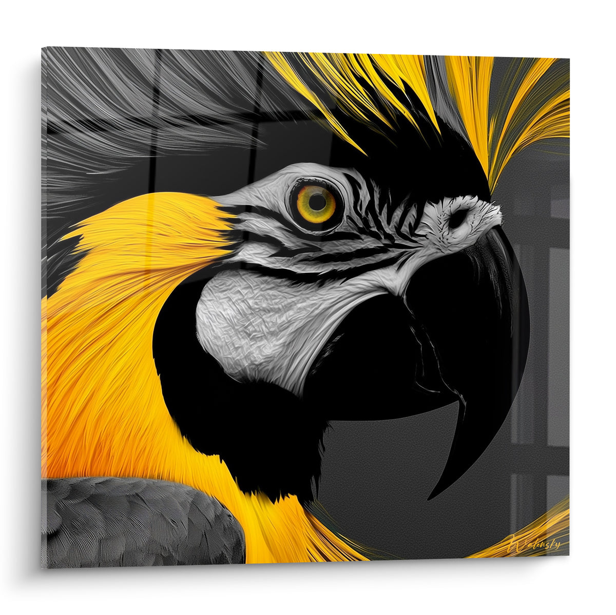 Ara au regard perçant, plumage jaune vif et bec noir sur fond gris anthracite structuré