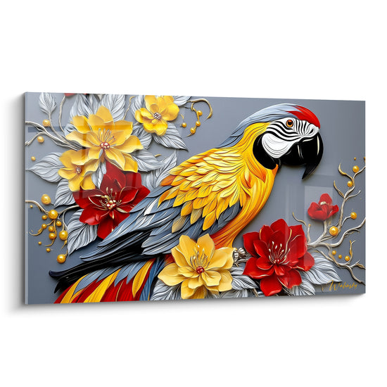 Ara jaune et rouge sculpté parmi fleurs dorées et rouges sur fond gris anthracite