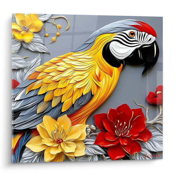 Tableau Ara jaune aux fleurs rouges sculptées - Éclosion tropicale - Edition Perroquet