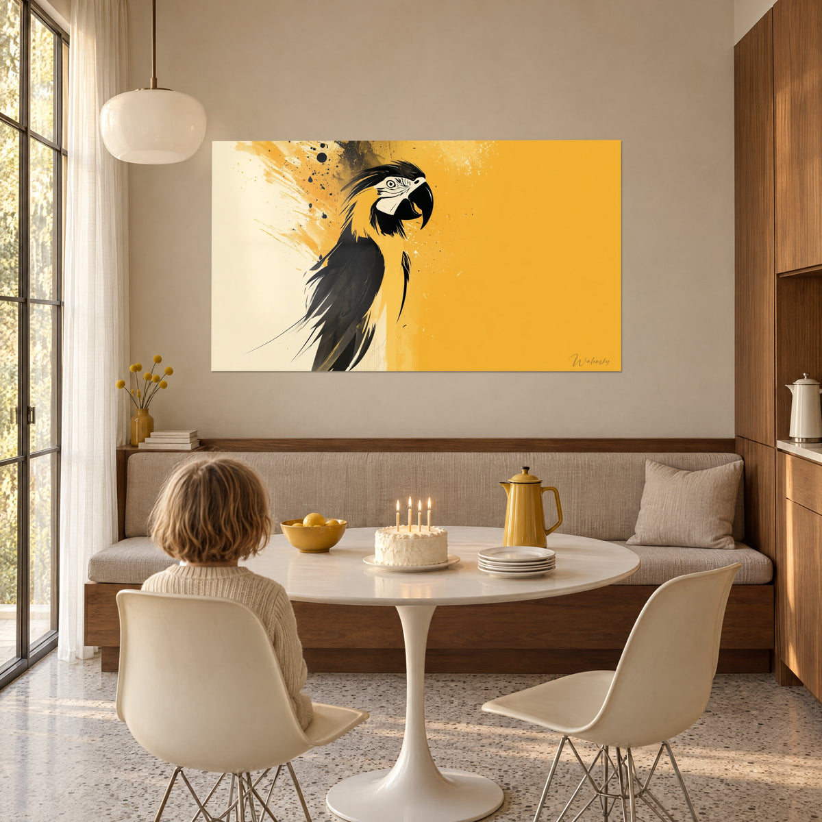 Wall art macaw with ink-black plumage, ochre and cream background, hung above a bench, a child seated at a table in front of a cake
