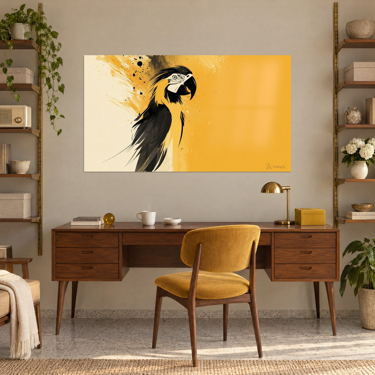 Wall art parrot with black streaks on sunny yellow and cream background, hung above a wooden desk and a mustard armchair