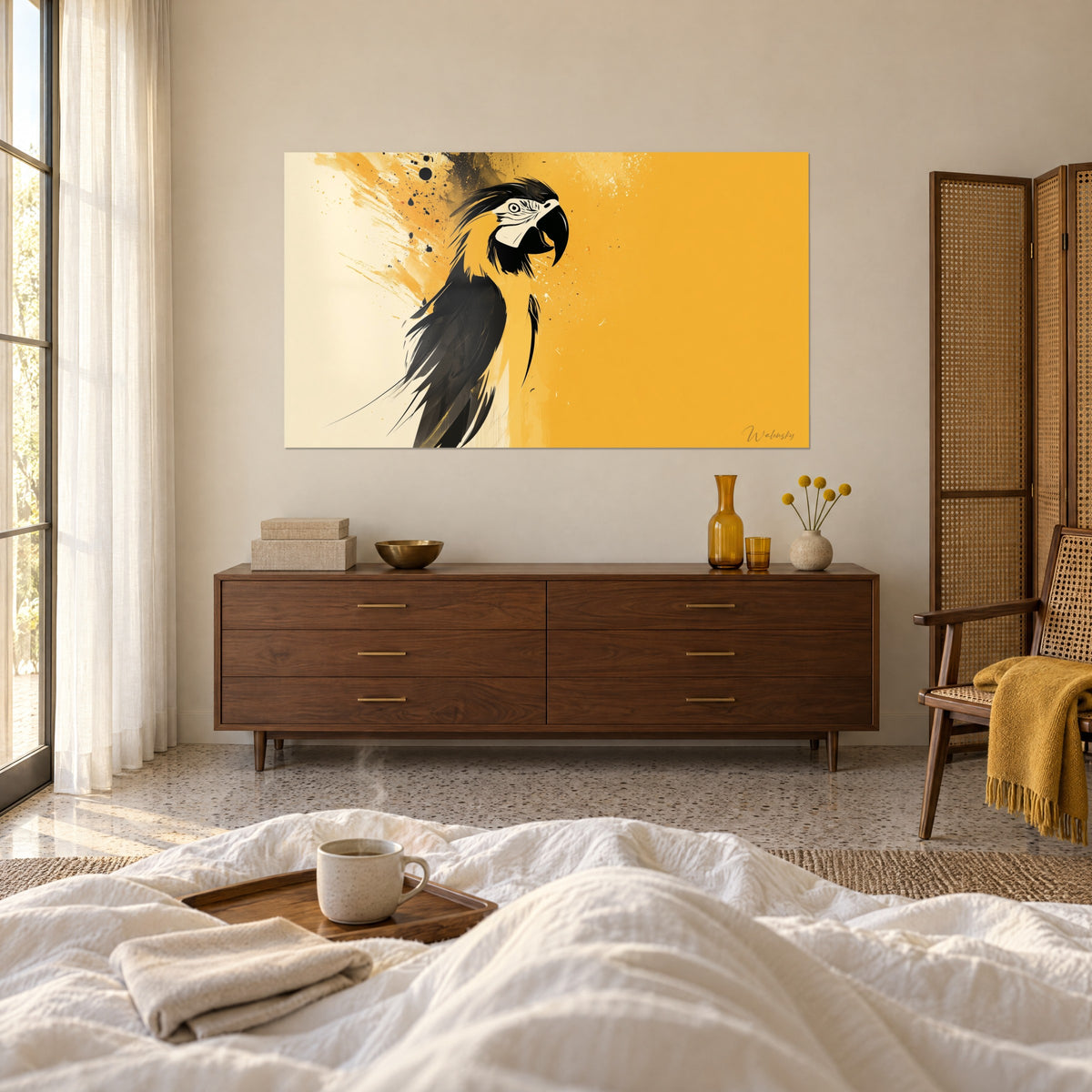 Wall art parrot in profile, white mask and black beak on saffron yellow background, ink splashes, above a bed in a light bedroom