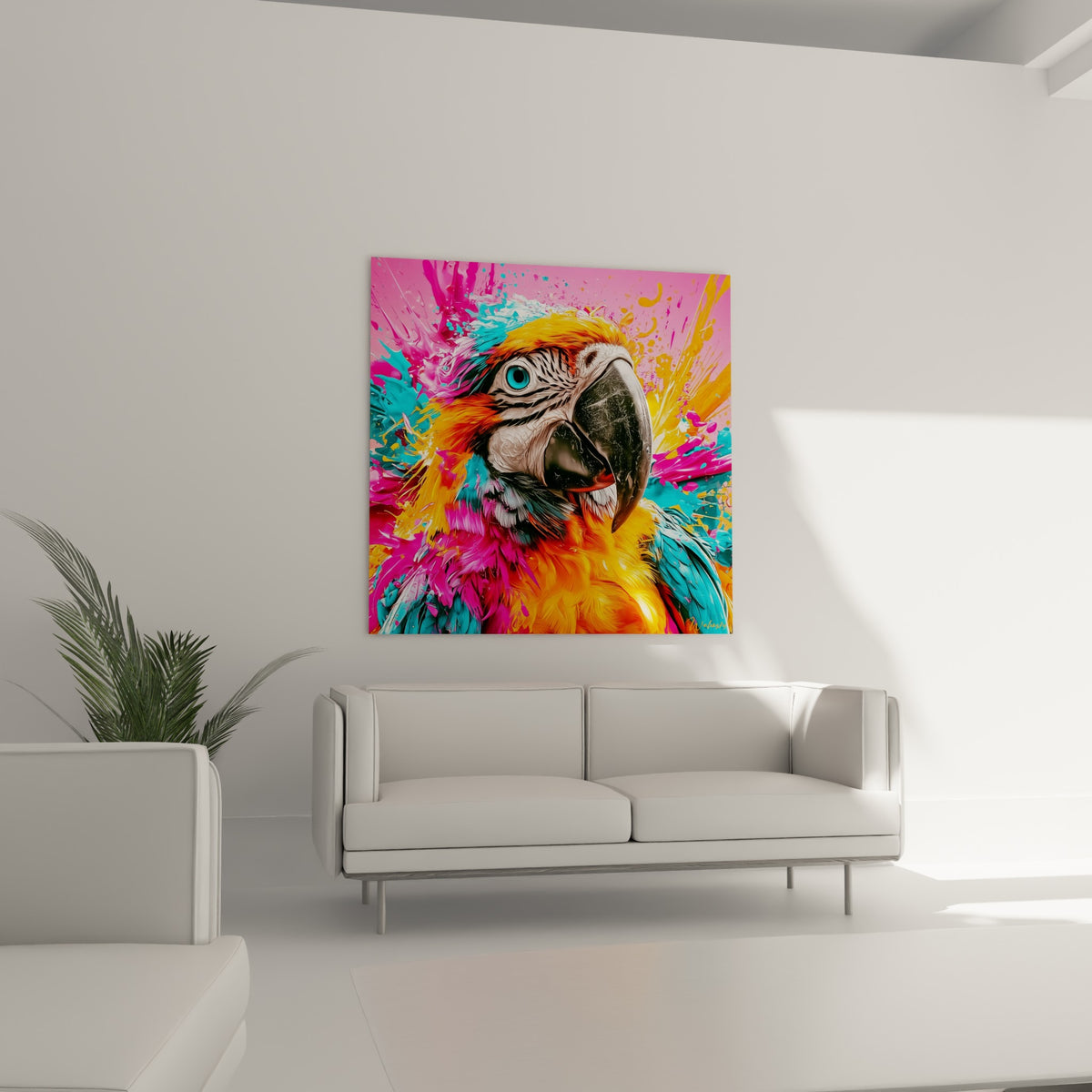Ara flamboyant aux éclaboussures roses et bleu ciel disposé au-dessus d'un canapé dans un salon lumineux