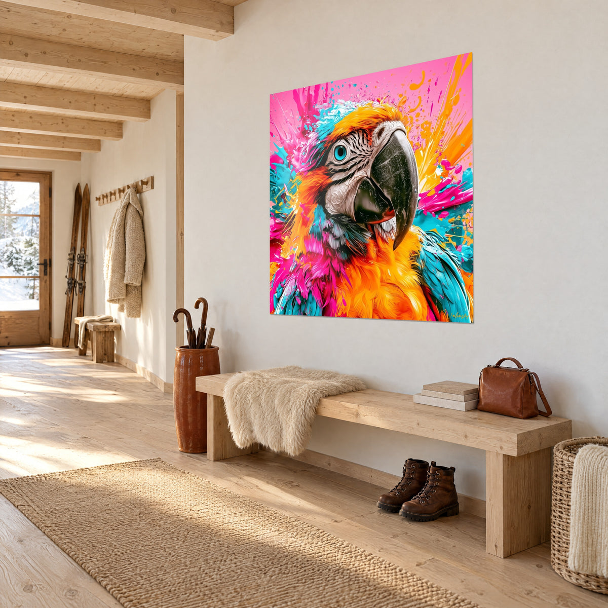 Tableau perroquet au bec noir luisant et plumes safran sur fond rose vif, accroché au mur d'une entrée en bois clair de chalet