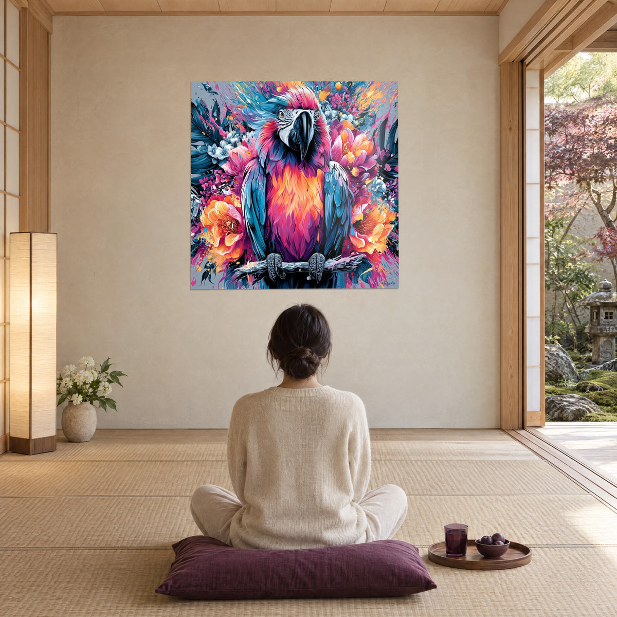 Tableau volatile exotique aux plumes rose vif et bleu profond entouré de pivoines orange, contemplé par une personne de dos assise sur un coussin