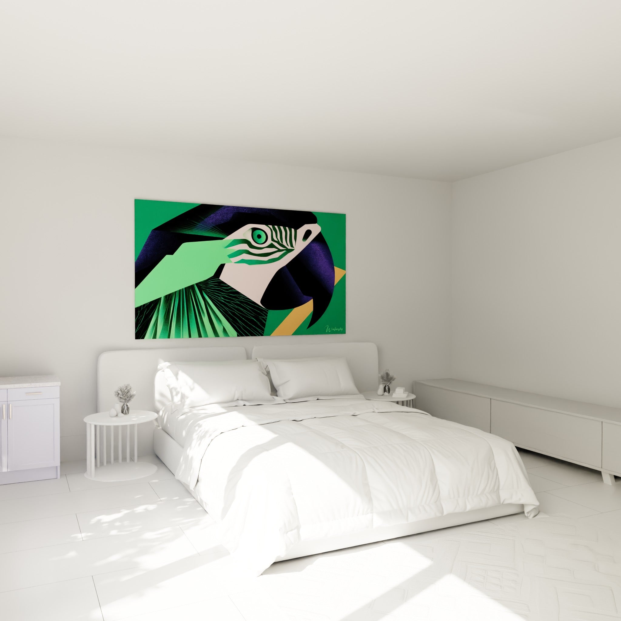 Ara au bec sombre et plumage vert sauge accroché au-dessus d'un lit dans une chambre claire