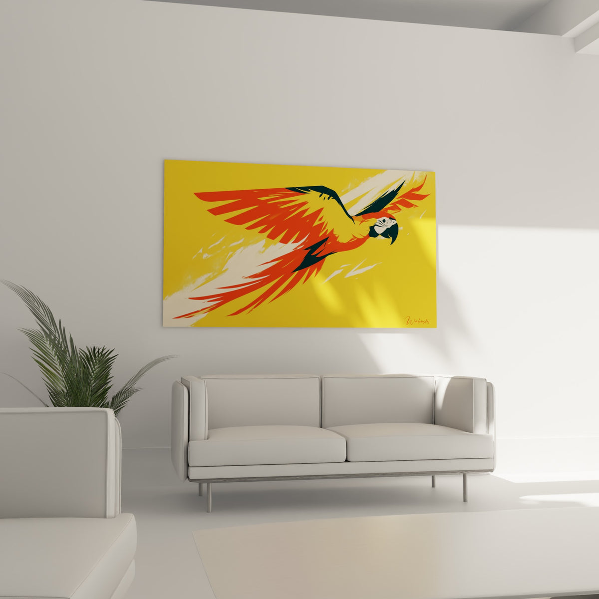 Perroquet stylisé jaune et rouge orangé en plein vol, suspendu au-dessus d'un canapé dans un salon lumineux