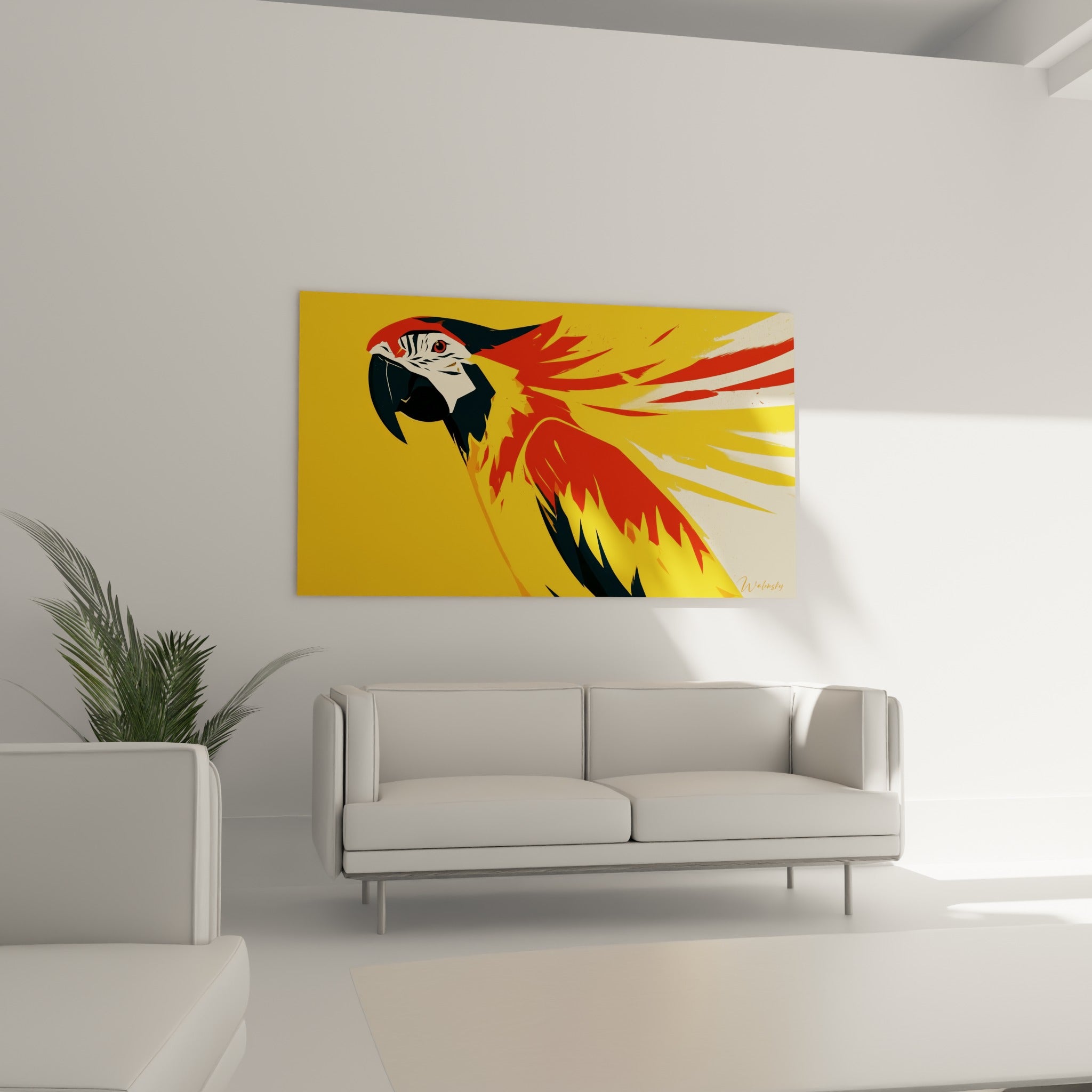 Oiseau ara jaune et anthracite aux plumes déployées rouge flammé au-dessus d'un canapé dans un salon lumineux