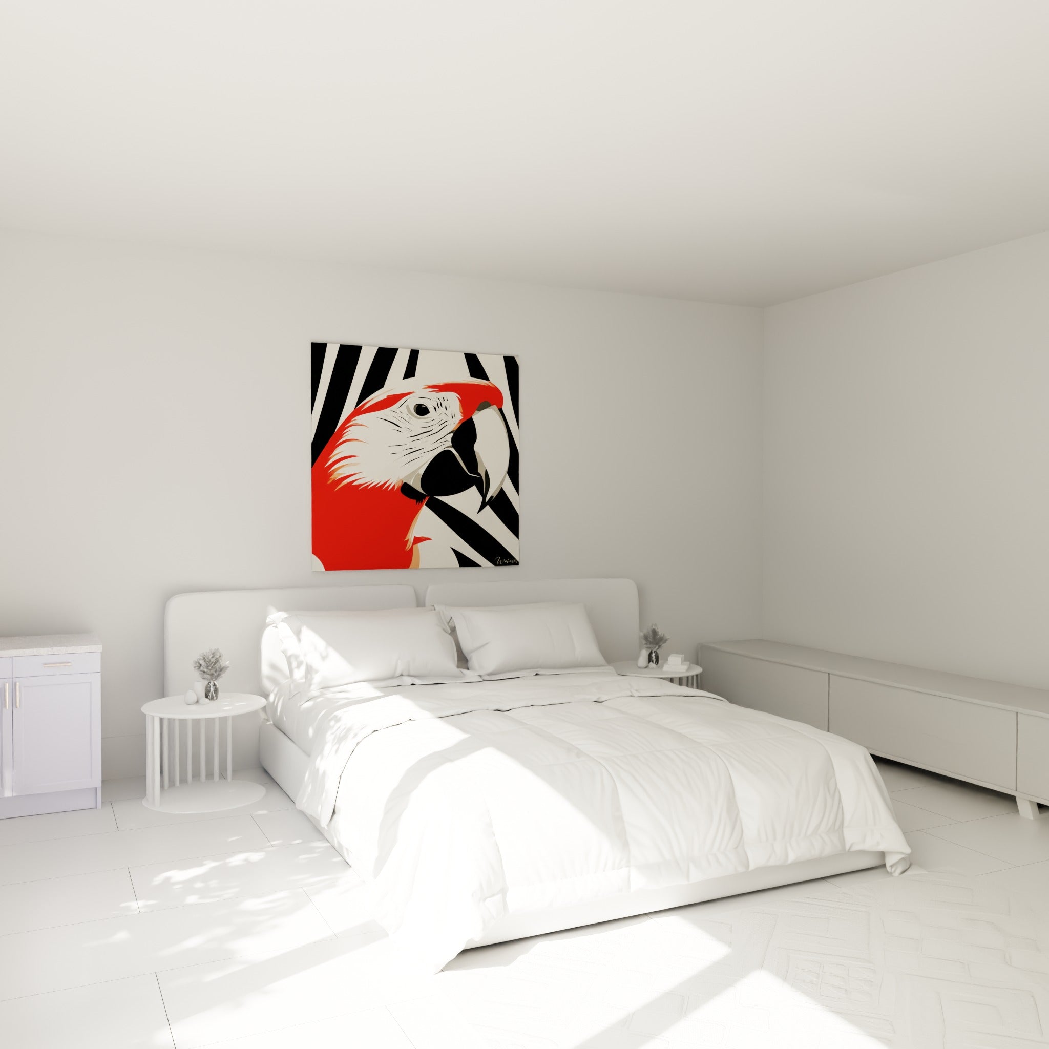 Perroquet écarlate aux plumes blanches accroché au-dessus d'un lit dans une chambre claire