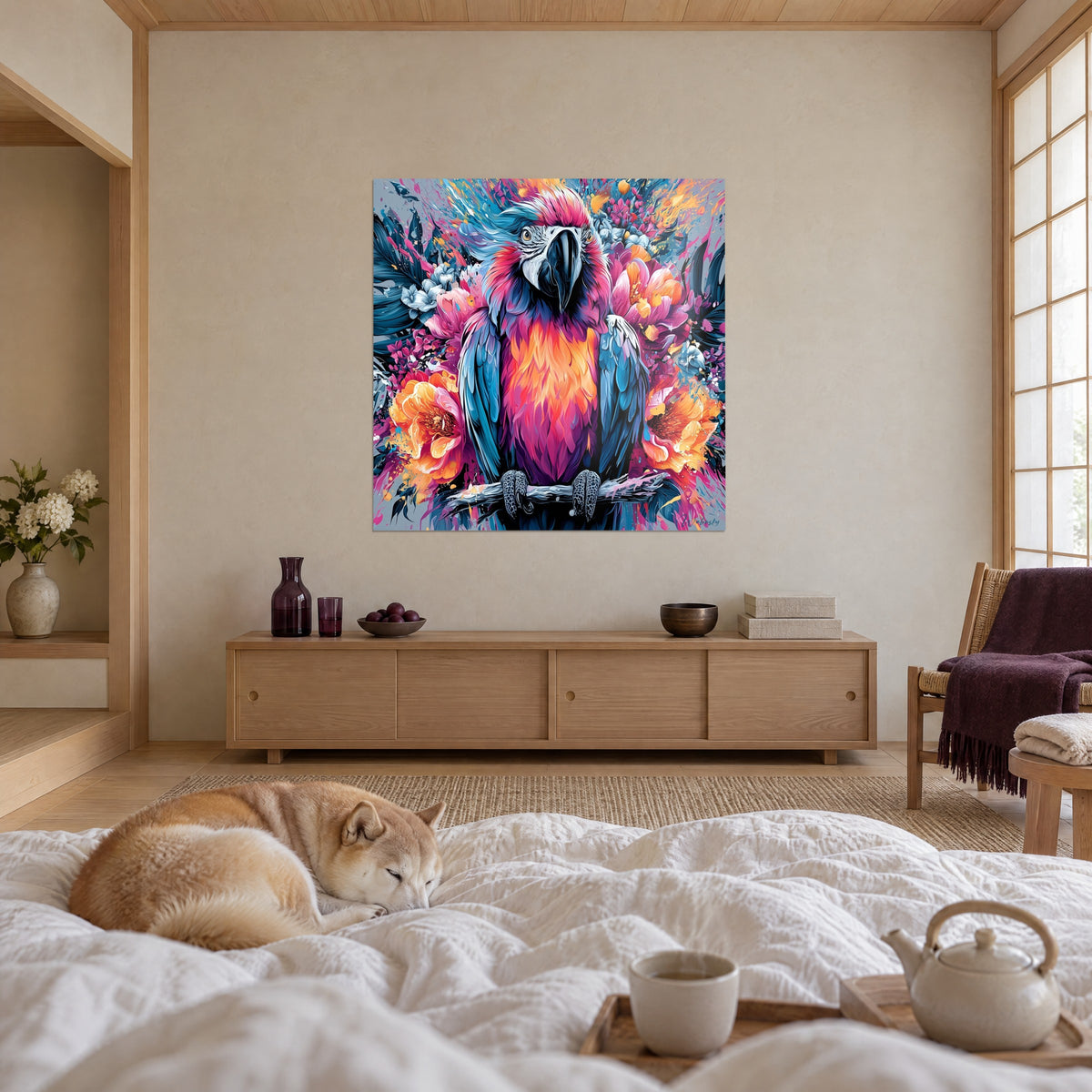 Tableau oiseau tropical à poitrail orange et ailes bleu pétrole, fleurs roses en arrière-plan, deux personnes et un Shiba, au-dessus d'un lit dans une chambre claire