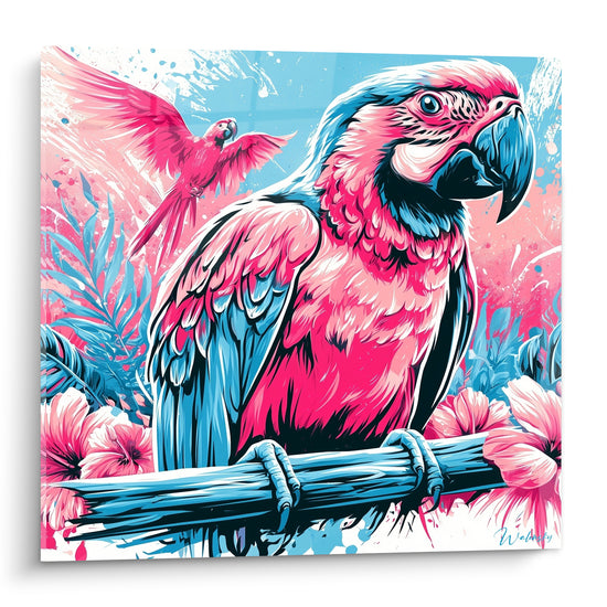 Perroquet ara rose fuchsia et bleu ciel perché parmi fleurs tropicales et feuillage bleuté