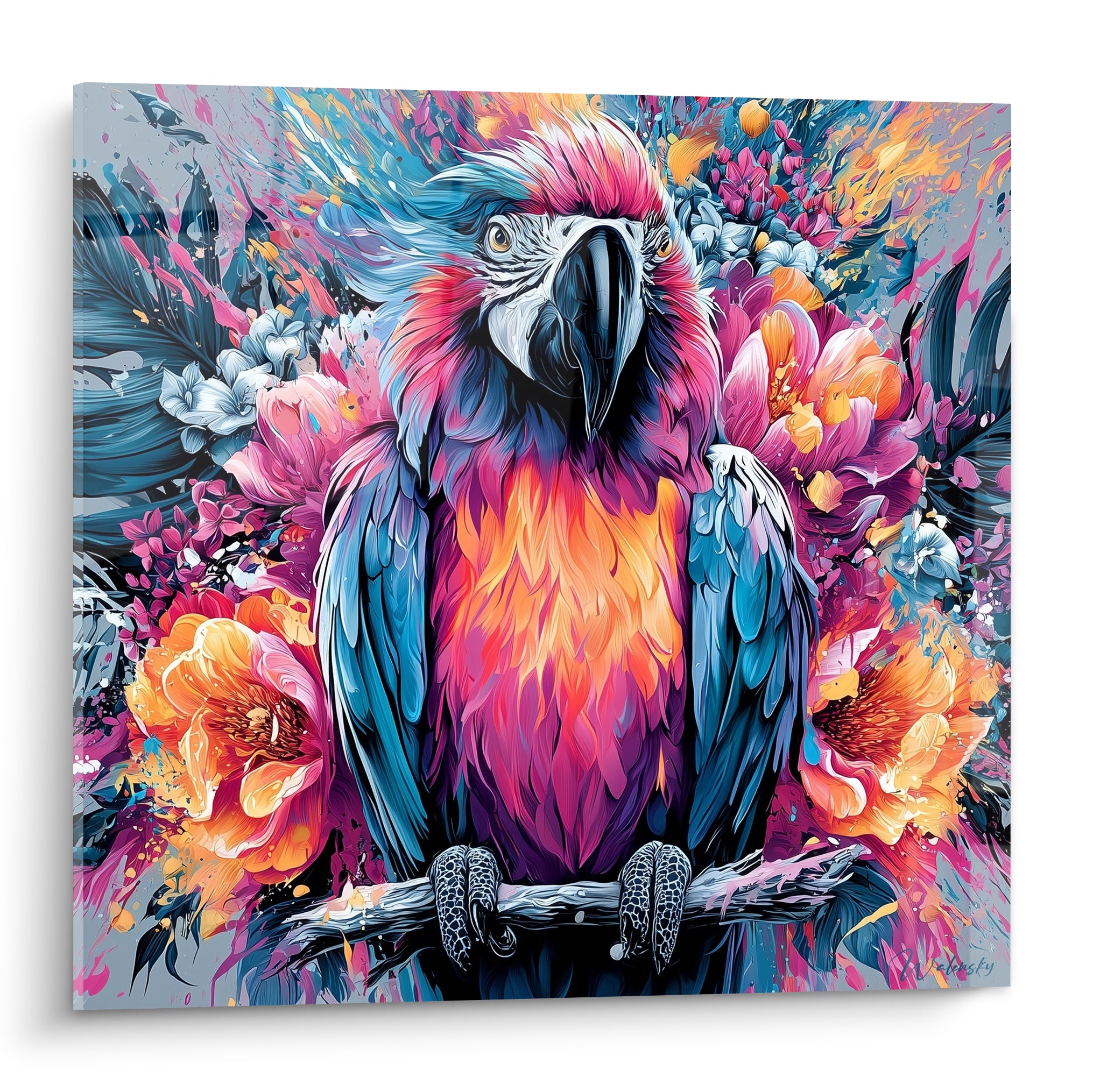 Perroquet ara aux plumes rose fuchsia et bleu pétrole, perché parmi des fleurs orange éclatantes