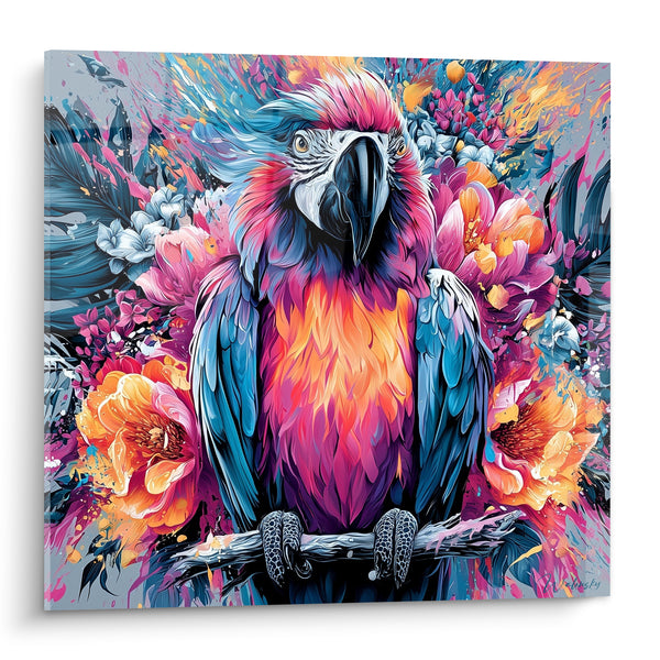 Tableau Perroquet ara rose et bleu fleuri - Éruption tropicale - Edition Perroquet